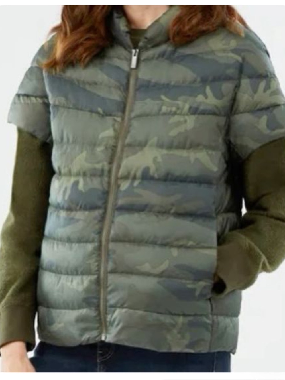 Martha Stewart green camo short sleeve down zip up vest jacket women’s xs